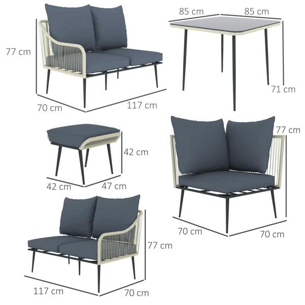 Wyld Haus Vika Natural Rattan Grey 7 Seater Garden Sofa Set with Coffee Table and 2 Stools
