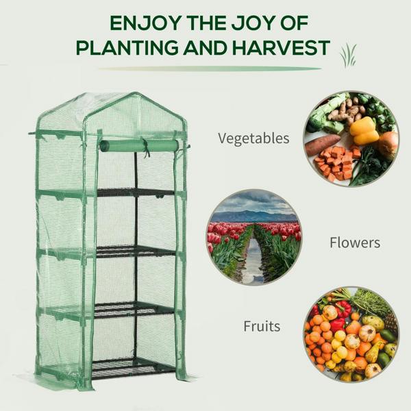 Mini greenhouse with green PE cover and 4-tier shelving for vegetables, flowers, and fruits