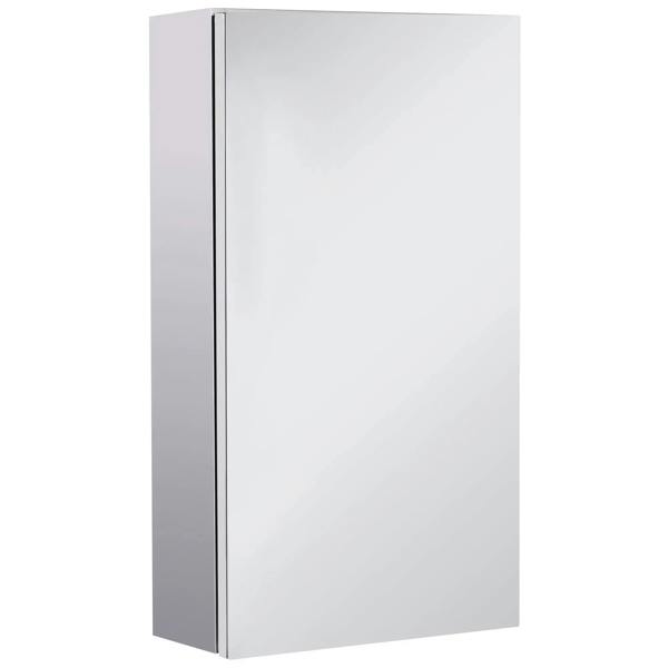 Wall-mounted bathroom mirror storage cabinet with silver frame and reflective door (closed)