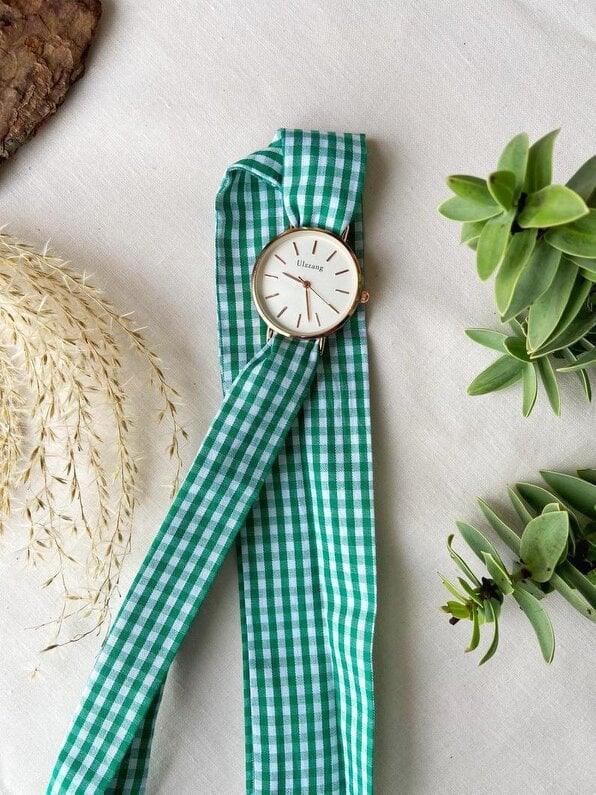 The Colourful Aura Green Plaid Cloth Changeable Cotton Tie Knot Strap Geneva Boho Wristwatch