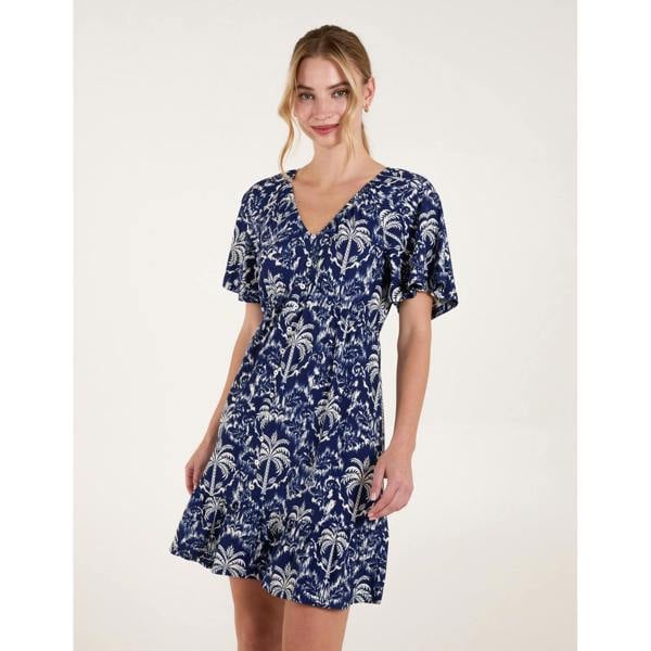 Blue Vanilla Button Through Elastic Waist Tropical Mini Dress