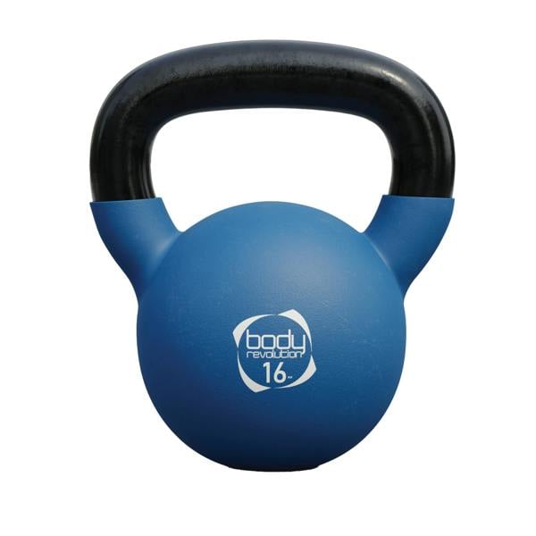 16kg blue neoprene kettlebell with a sturdy black handle, featuring a logo and smooth, durable texture for comfortable grip