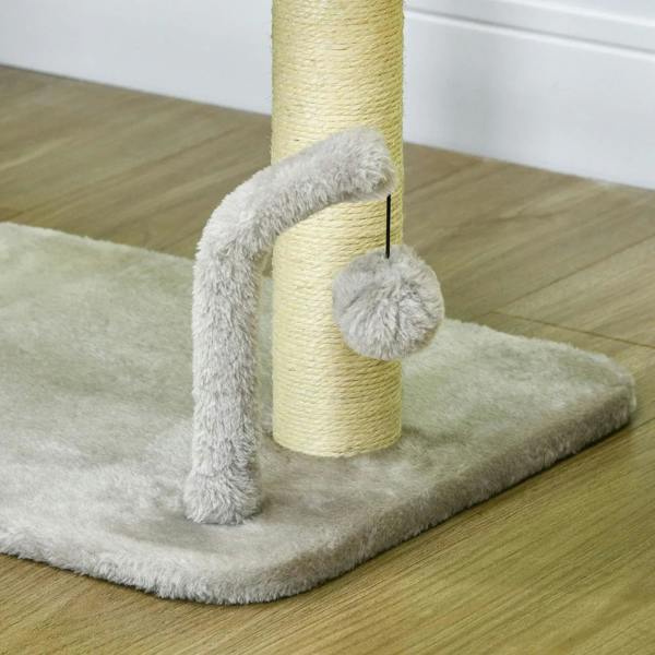 Light grey plush cat tree base with sisal scratching post and dangling toy ball