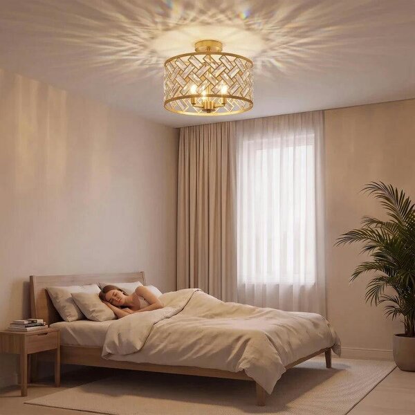 3-Light Crystal Glass Ceiling Light, Modern Ceiling Lamp w/ 3 E14 Sockets for Living Room, Bulb Not Included, Gold Tone