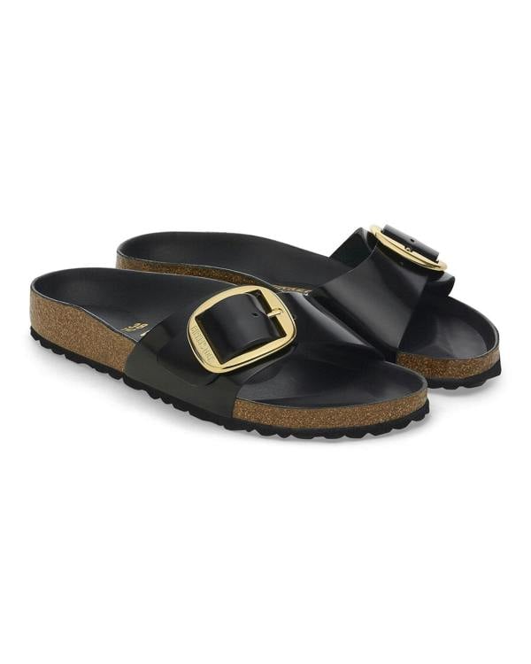 Birkenstock Madrid Big Buckle Natural Patent Leather Womens Sandals - High-Shine Black - CHO - Designer Womens Sandals