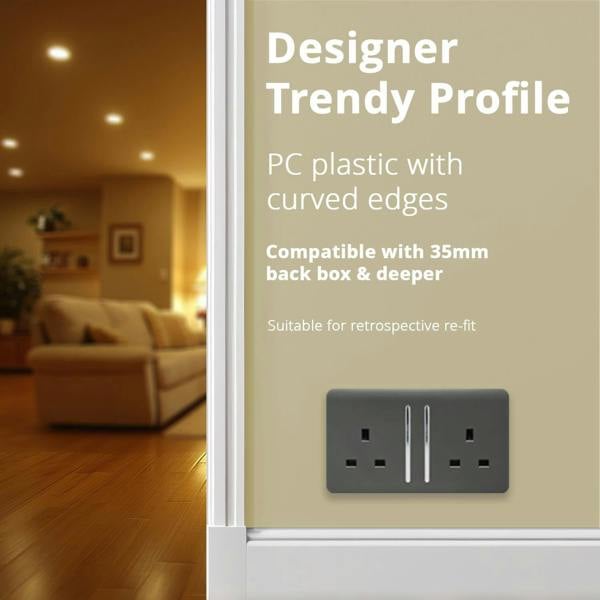 Trendi Switch 2 Gang Long Switched Plug Socket in Charcoal Grey