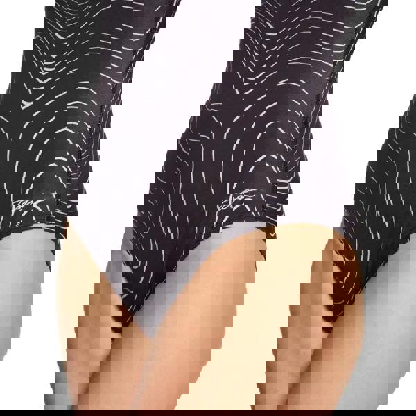 Zoggs Terrain Scoopback Swimsuit in black and white wave pattern