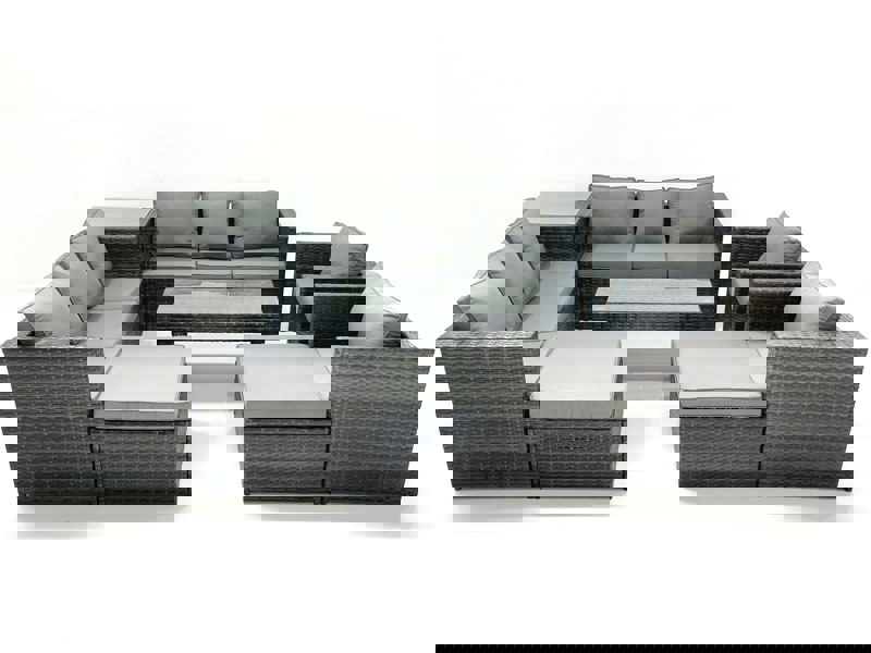 Fimous Rattan Garden Furniture Sofa Set with Coffee table Armchair Side Table 2 Big Footstools Dark Grey Mixed