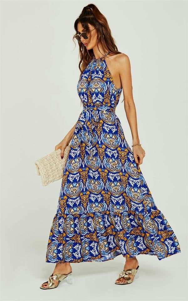 FS Collection Rose Flora Print Halterneck Tiered Maxi Dress In Royal Blue