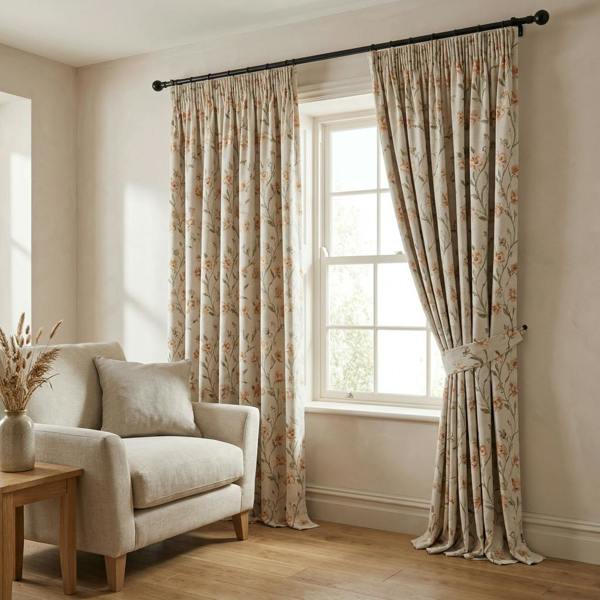 Ashley made-to-measure curtains in Coral, styled in a living room