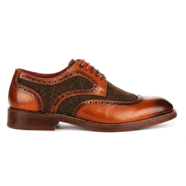 Justin Reess Arlo - Men's Tan Leather Tweed Brogue Shoes
