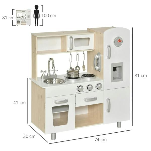White kids wooden pretend play kitchen set with stove, sink, phone panel, and clock