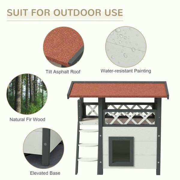 White outdoor cat house with tilt asphalt roof, front cat door and ladder
