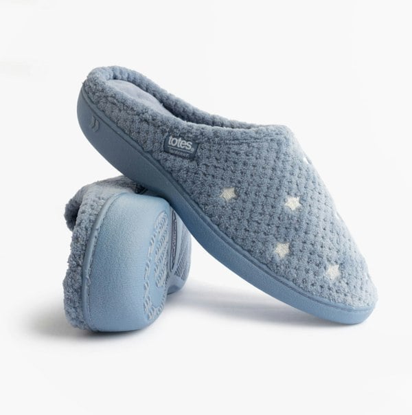 Totes Isotoner POPCORN TERRY Womens Mule Slippers Iris Blue Star