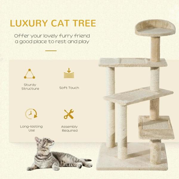 Beige cat tree with tall posts, cushioned top perch, and two sisal scratch platforms