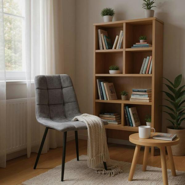 GREY FABRIC CHAIR BLACK METAL LEGS