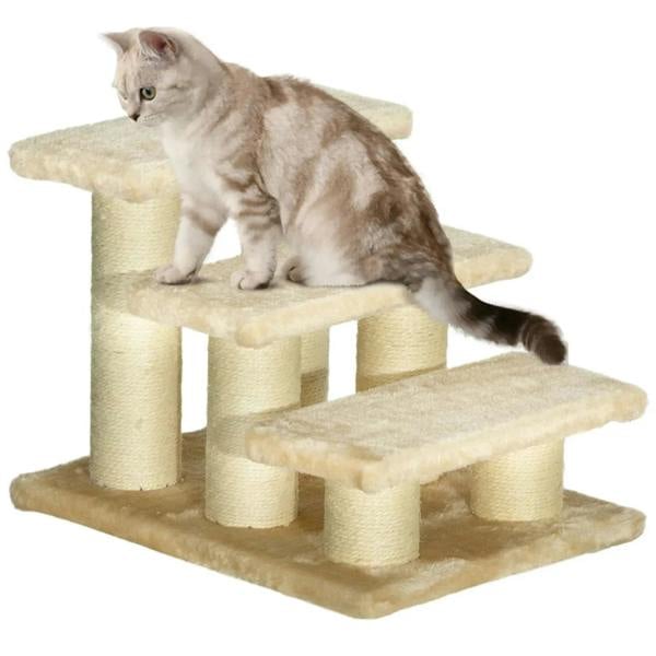 Beige 3-step pet stairs ladder with a tabby cat resting on the middle platform