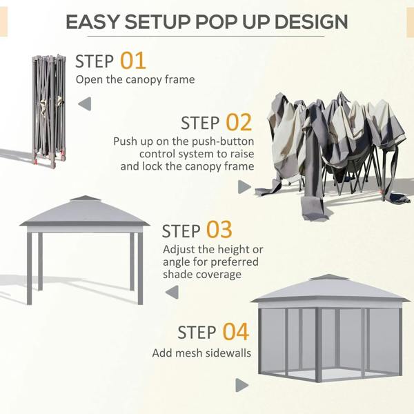 Grey pop-up gazebo frame with double-canopy roof and mesh sidewalls, easy setup