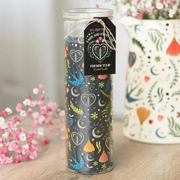 French tulip tube candle in clear glass with midnight black floral tulip print