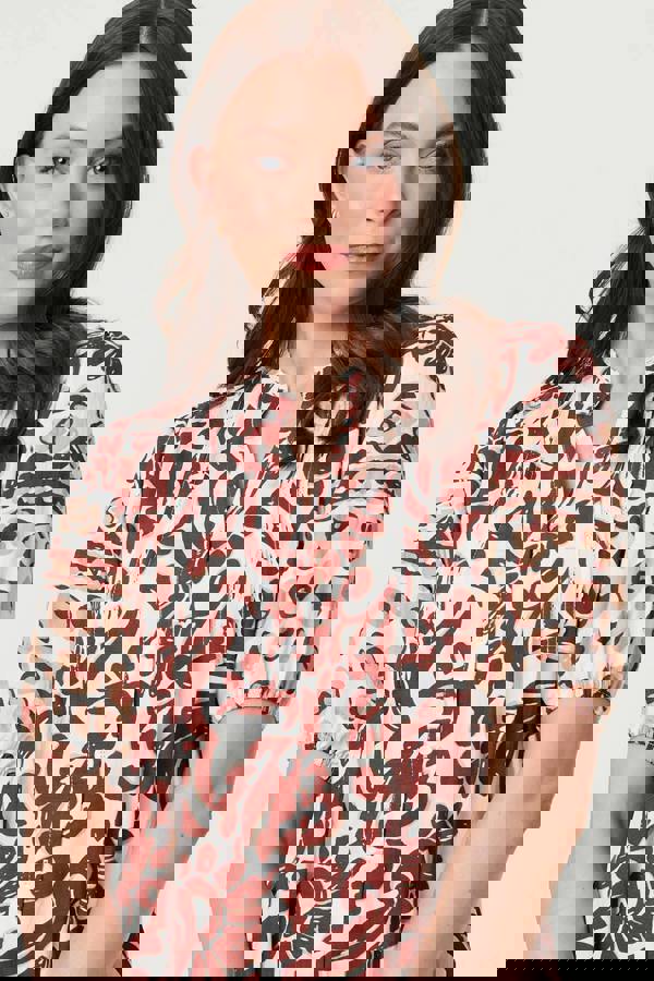 Brown | Border 1/2 Sleeve Short Shirt Dress
