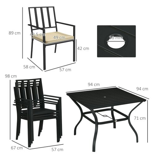 Wyld Haus Nonilu Metal Black and Cream 4 Seater Garden Dining Set With Cushions Stackable Chairs and Parasol Hole