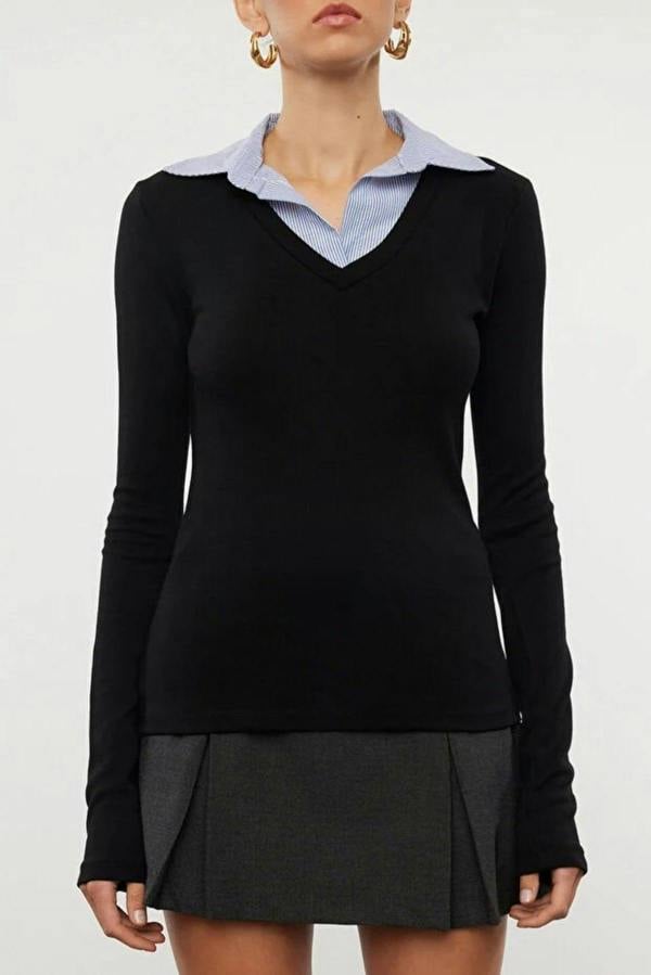 WOVCOR Woven Shirt Collar Knit Blouse