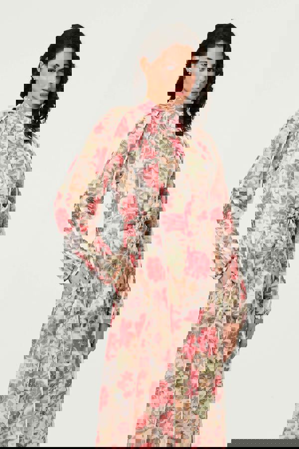 Pink | Floral Tie Waist High Neck Midi Dress