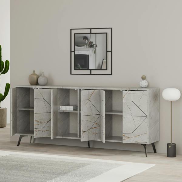 Decortie Dune Gold Marble Effect Geometric 6 Door Sideboard with Metal Legs (W) 181cm