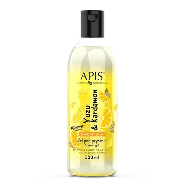 Shower gel bottle with 'Apis Natural Cosmetics' branding on a white background