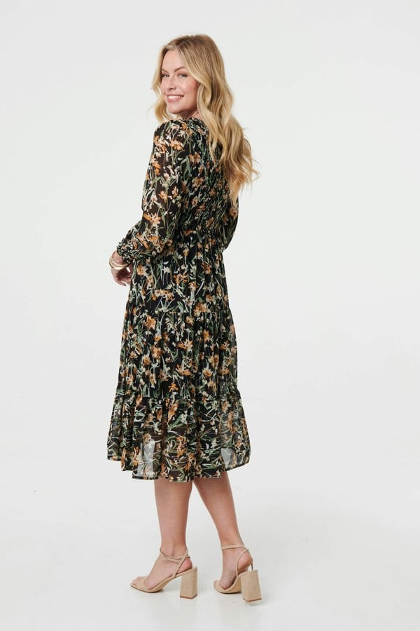 Black | Floral Long Sleeve Smocked Midi Dress
