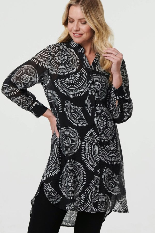 Black | Abstract Sheer Relaxed Longline Blouse
