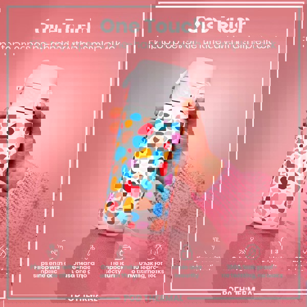 A colorful, patterned water bottle is being held; its flip top opens one-handed. The bottle is shown against a pink background.