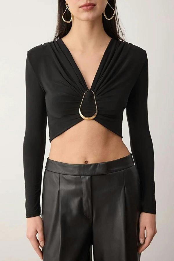 WOVCOR Buckle Detail V-Neck Knit Party Blouse
