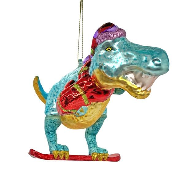 Ferncrest Trading Surfing Dinosaur Glass Christmas Tree Bauble