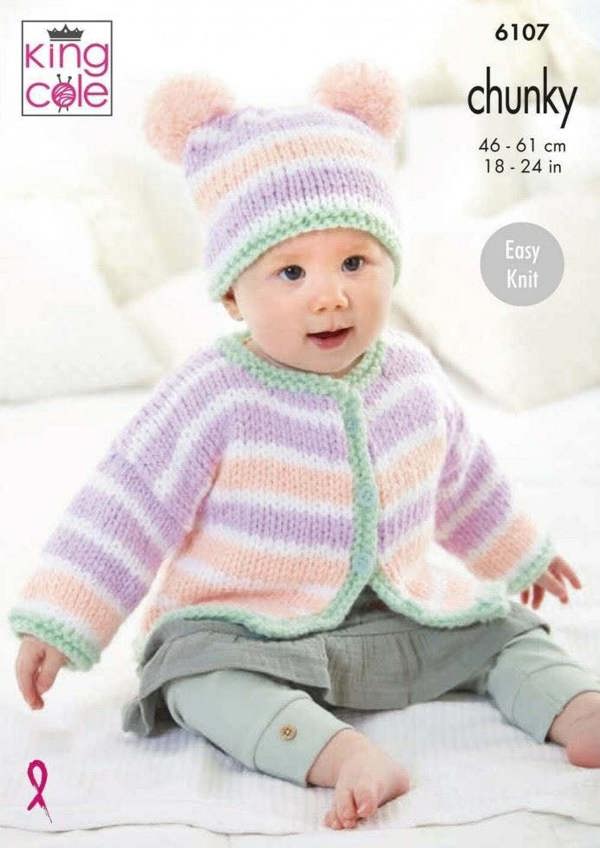 King Cole Comfort Chunky Knitting Pattern 6107, Cardigans, Headwear, Tops for Baby, Kids, 18 - 24 Inches - Easy