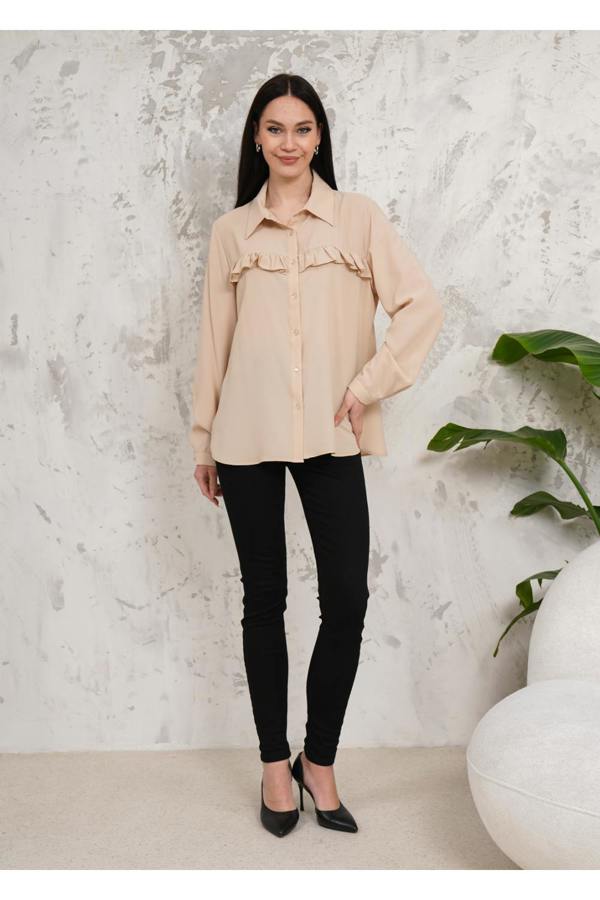 Hoxton Gal Oversized Frill Detailed Long Sleeves Blouse Shirt in Beige