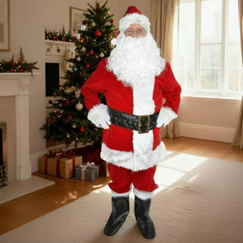 XL Deluxe Santa Claus Suit Costume Set with Hat, Wig, Beard, Gloves, Glasses, Belt and Boot Tops image 8