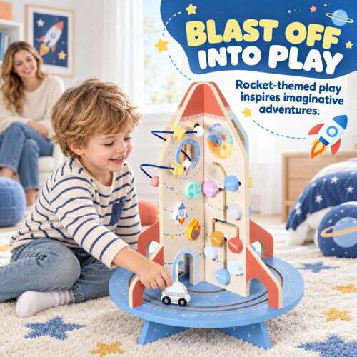 AIYAPLAY Wooden Activity Cube, Rocket Theme Sensory Toys for Fine Motor