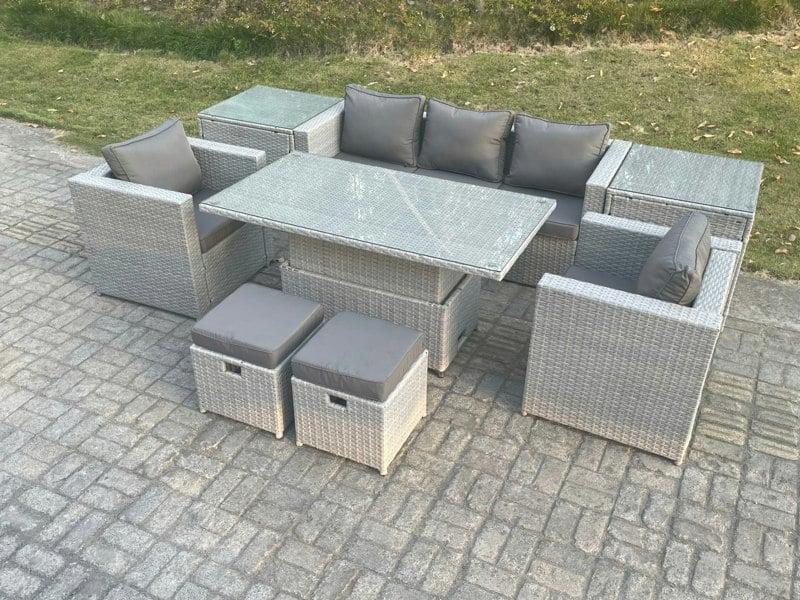 Fimous Rattan Garden Funiture Set Adjustable Rising Lifting Table Sofa Dining Set With 2 Arm Chair 2 Side Table Stools