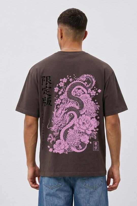 London Attitude Japanese-Inspired Dragon Graphic T-Shirt - Dark Chocolate