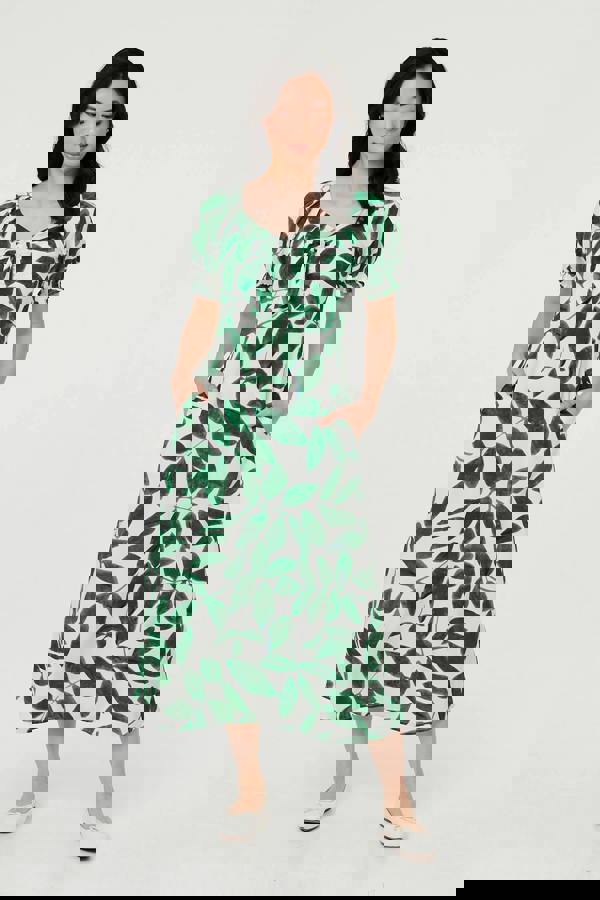 Green | Leaf Print Tie Front A-Line Midi Dress