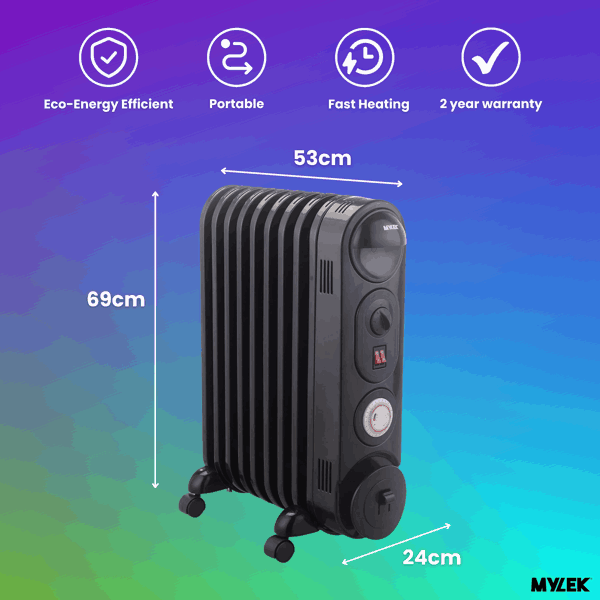 Mylek Oil Filled Radiator Electric Heater, Portable, Thermostat and 24hr Timer, Black 2000W