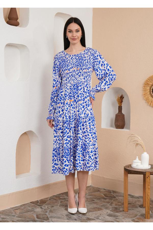 Hoxton Gal Relaxed Fit Round Neck Long Sleeves Leopard Printed Shirred Detailed Dress in Blue