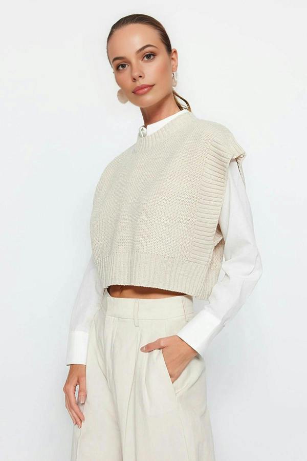 WOVCOR Crop Crew Neck Knit Sweater