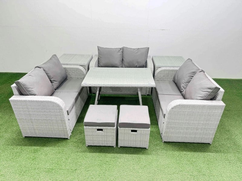 Fimous Rattan Garden Furniture Dining Set 8 seater Patio Rectangular Table Love Sofa Set with 2 Side Tables 2 Small Stools