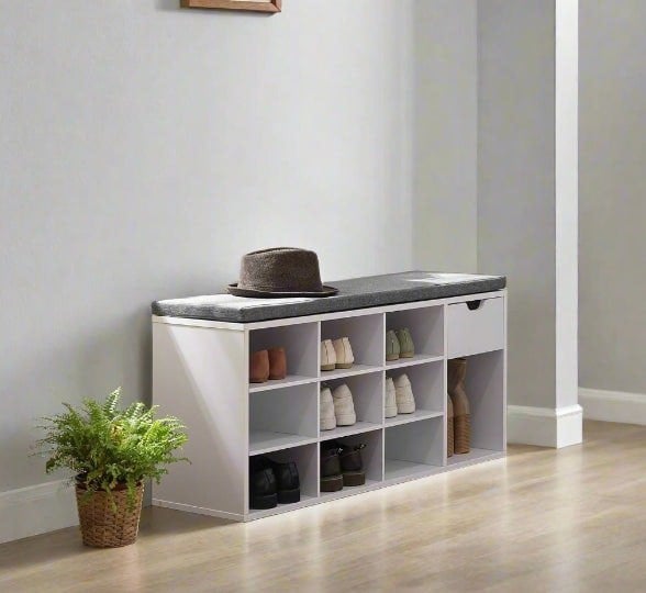 Modcraft Shoe Storage Bench with Cushion, Drawer & Open Compartments for Hallway and Bedroom