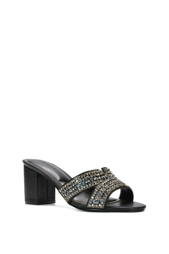 XY LONDON Sparkly Diamante Strappy Mid Block Heeled Sandal Mules