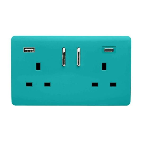 Trendi Switch 2 Gang USB 3100mA Type A & C USB Plug Socket in Bright Teal