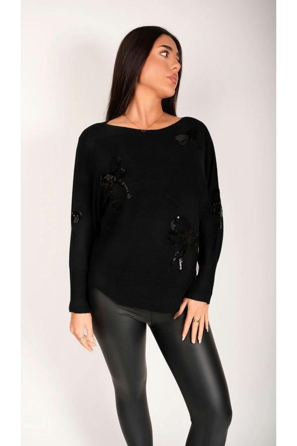 Marivelle Knitted Jumper With Sequin Bow Detail - Black