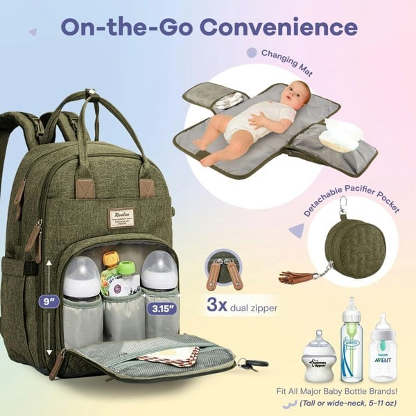 Ruvalino Baby Changing Backpack with Changing Mat & Dummy Holder - Olive Green